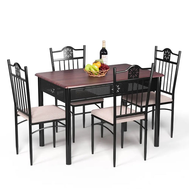 5 Pieces Dining Set Wood Metal Table and 4 Chairs with Cushions Costway