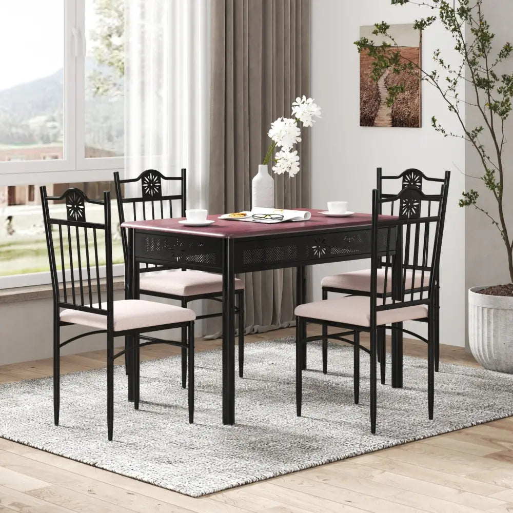 5 Pieces Dining Set Wood Metal Table and 4 Chairs with Cushions - Beige - Dining Room Sets