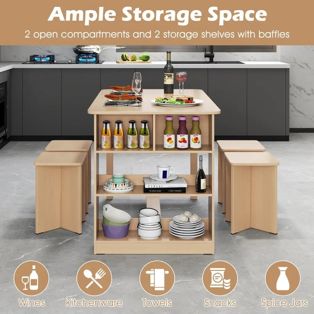 5 Pieces Dining Table Set with Storage Shelf and 4 Stools-Natural Costway