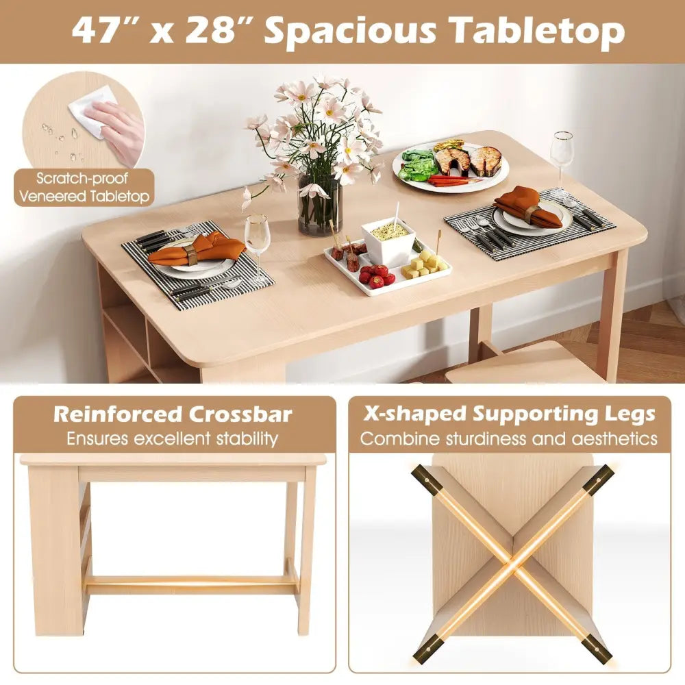 5 Pieces Dining Table Set with Storage Shelf and 4 Stools-Natural Costway