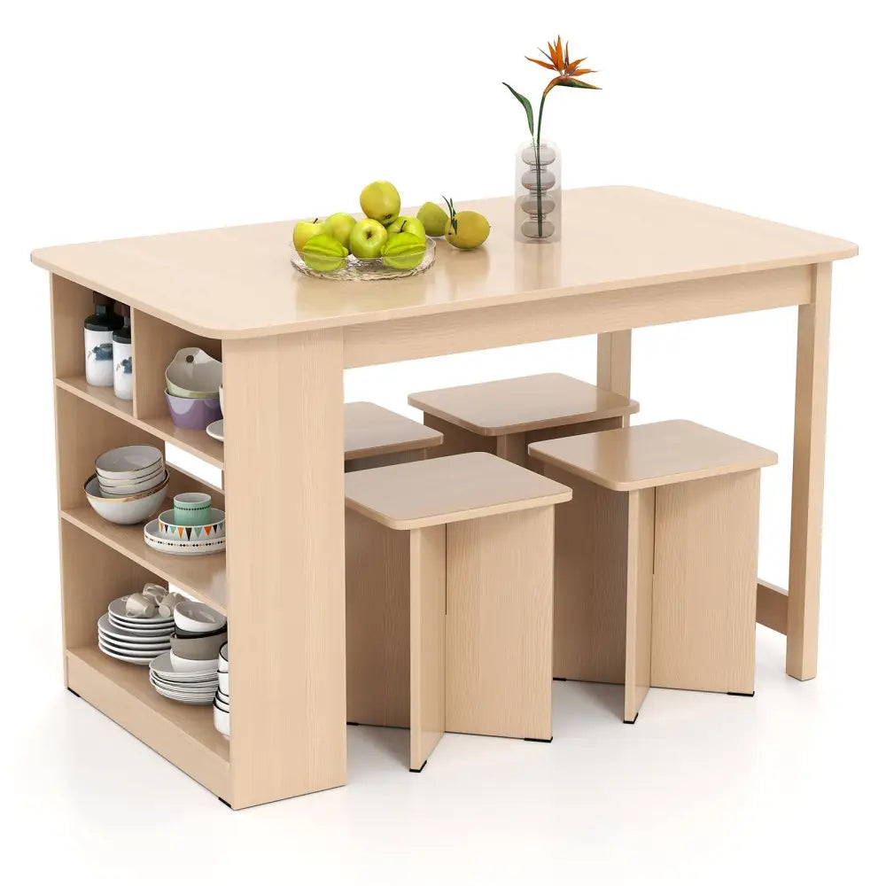 5 Pieces Dining Table Set with Storage Shelf and 4 Stools-Natural Costway