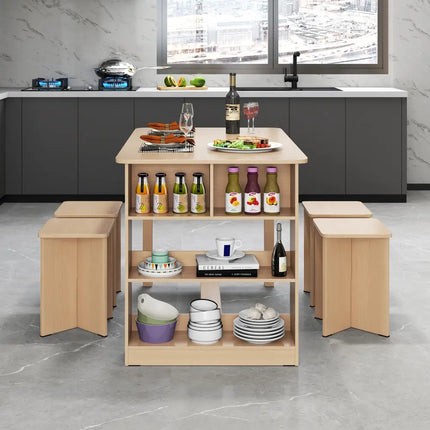 5 Pieces Dining Table Set with Storage Shelf and 4 Stools-Natural Costway