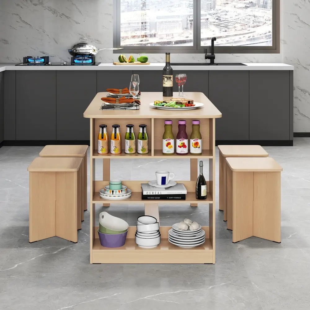 5 Pieces Dining Table Set with Storage Shelf and 4 Stools-Natural Costway