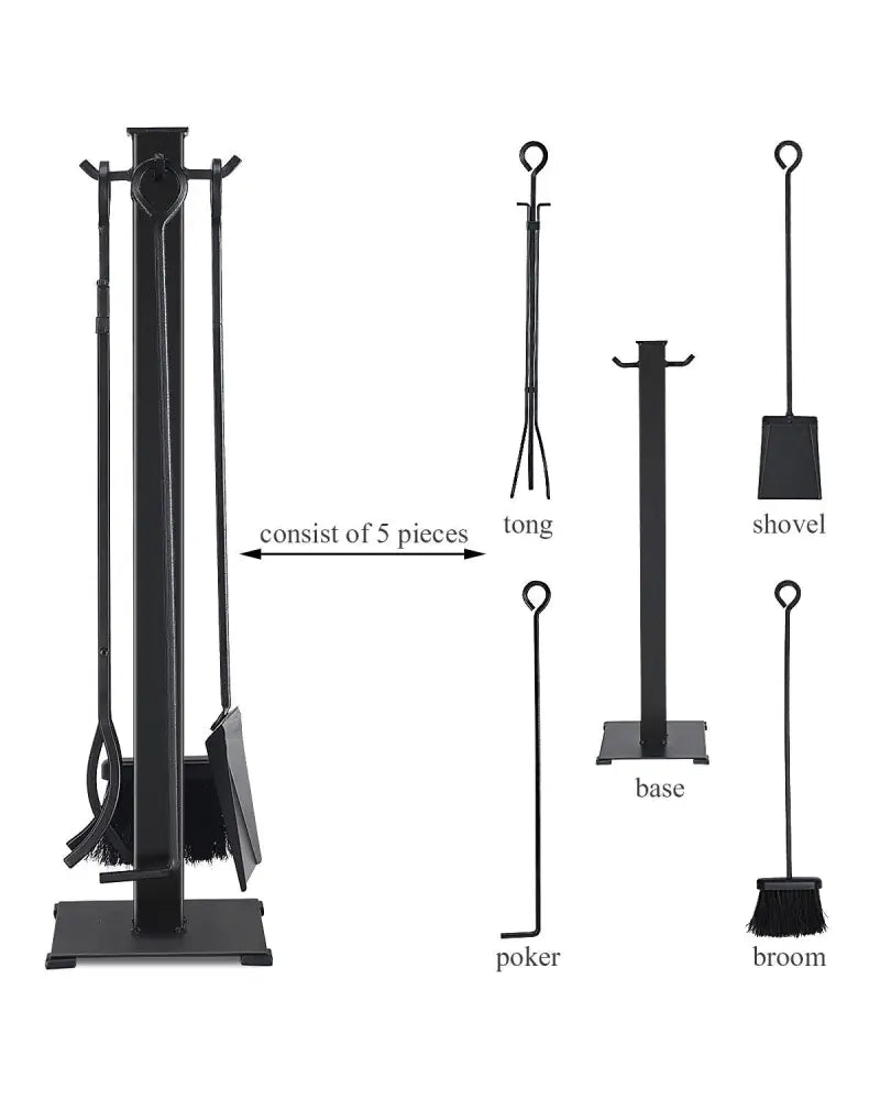 5 Pieces Fireplace Iron Fire Place Tool Set - Black - Fireplace Tools