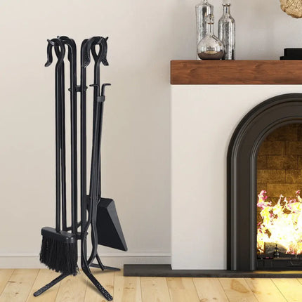 5 Pieces Fireplace Iron Standing Tools Set - Black - Fireplace Tools