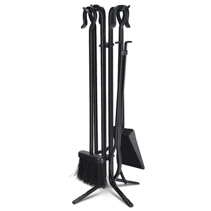 5 Pieces Fireplace Iron Standing Tools Set - Black - Fireplace Tools