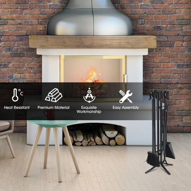 5 Pieces Fireplace Iron Standing Tools Set - Black - Fireplace Tools