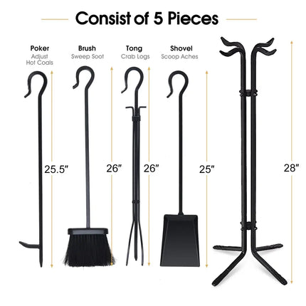 5 Pieces Fireplace Iron Standing Tools Set - Black - Fireplace Tools