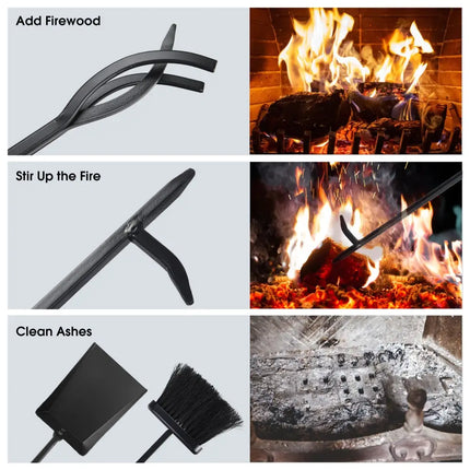 5 Pieces Fireplace Iron Standing Tools Set - Black - Fireplace Tools