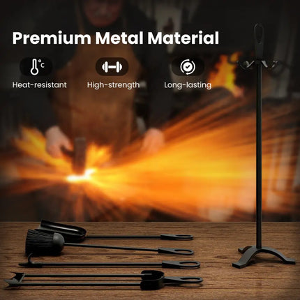 5 Pieces Fireplace Tool Set Fireplace Accessories with Poker-Black - Black - Fireplace Tools