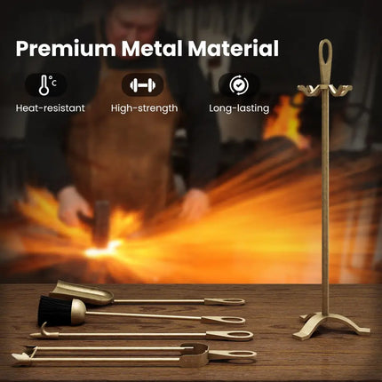 5 Pieces Fireplace Tool Set Fireplace Accessories with Poker-Copper - Copper - Fireplace Tools