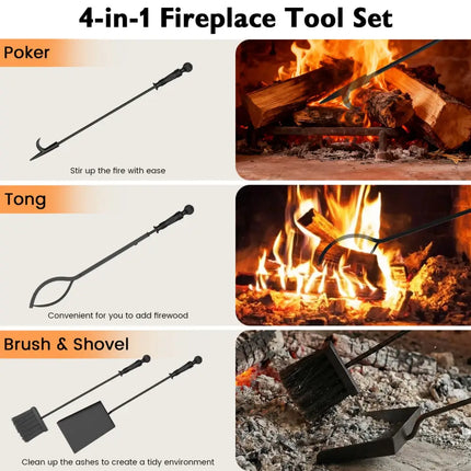 5-Pieces Fireplace Tool Set Indoor Outdoor Fire Place Set Tools with Aluminum Handles - Fireplace Tools