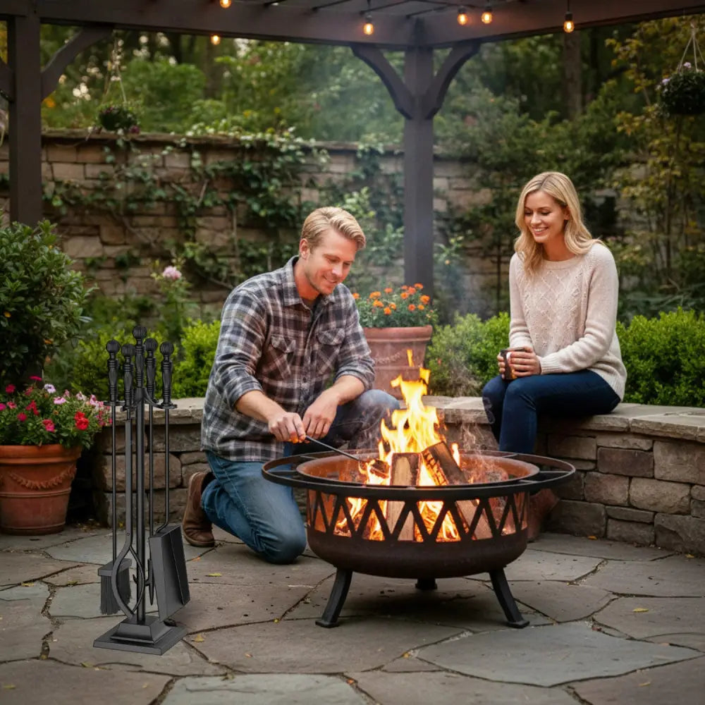 5-Pieces Fireplace Tool Set Indoor Outdoor Fire Place Set Tools with Aluminum Handles - Fireplace Tools