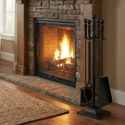 5-Pieces Fireplace Tool Set Indoor Outdoor Fire Place Set Tools with Aluminum Handles - Fireplace Tools