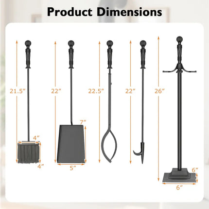 5-Pieces Fireplace Tool Set Indoor Outdoor Fire Place Set Tools with Aluminum Handles - Fireplace Tools