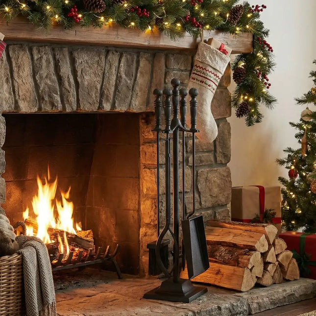 5-Pieces Fireplace Tool Set Indoor Outdoor Fire Place Set Tools with Aluminum Handles - Fireplace Tools