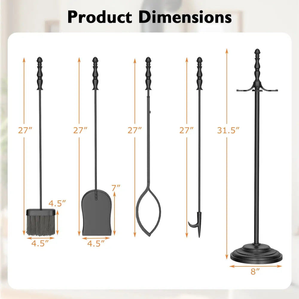 5-Pieces Fireplace Tool Set with Poker Tongs Brush Shovel and Round Stand - Fireplace Tools