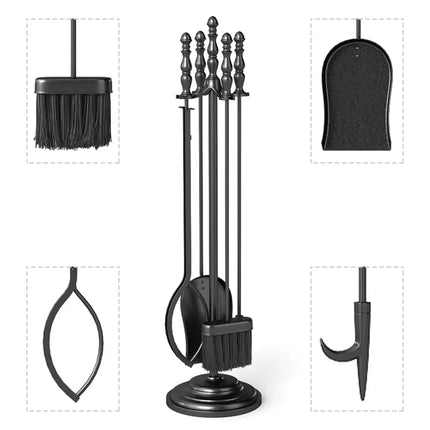 5-Pieces Fireplace Tool Set with Poker Tongs Brush Shovel and Round Stand - Fireplace Tools