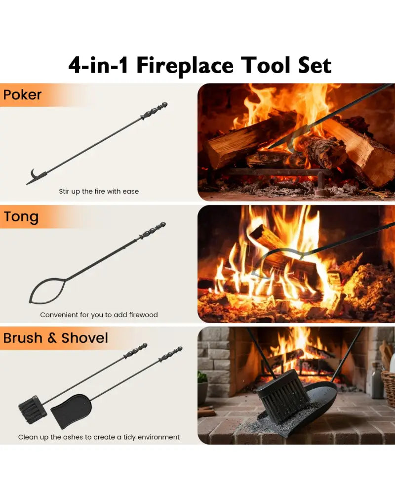 5-Pieces Fireplace Tool Set with Poker Tongs Brush Shovel and Round Stand - Fireplace Tools