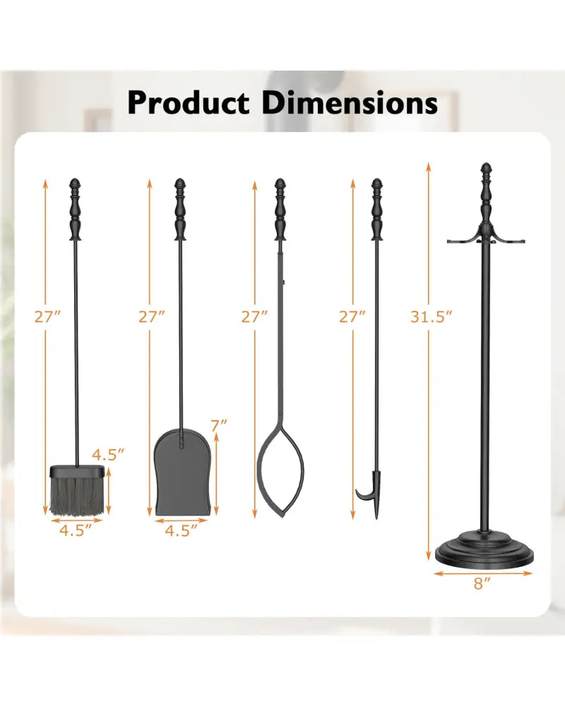 5-Pieces Fireplace Tool Set with Poker Tongs Brush Shovel and Round Stand - Fireplace Tools