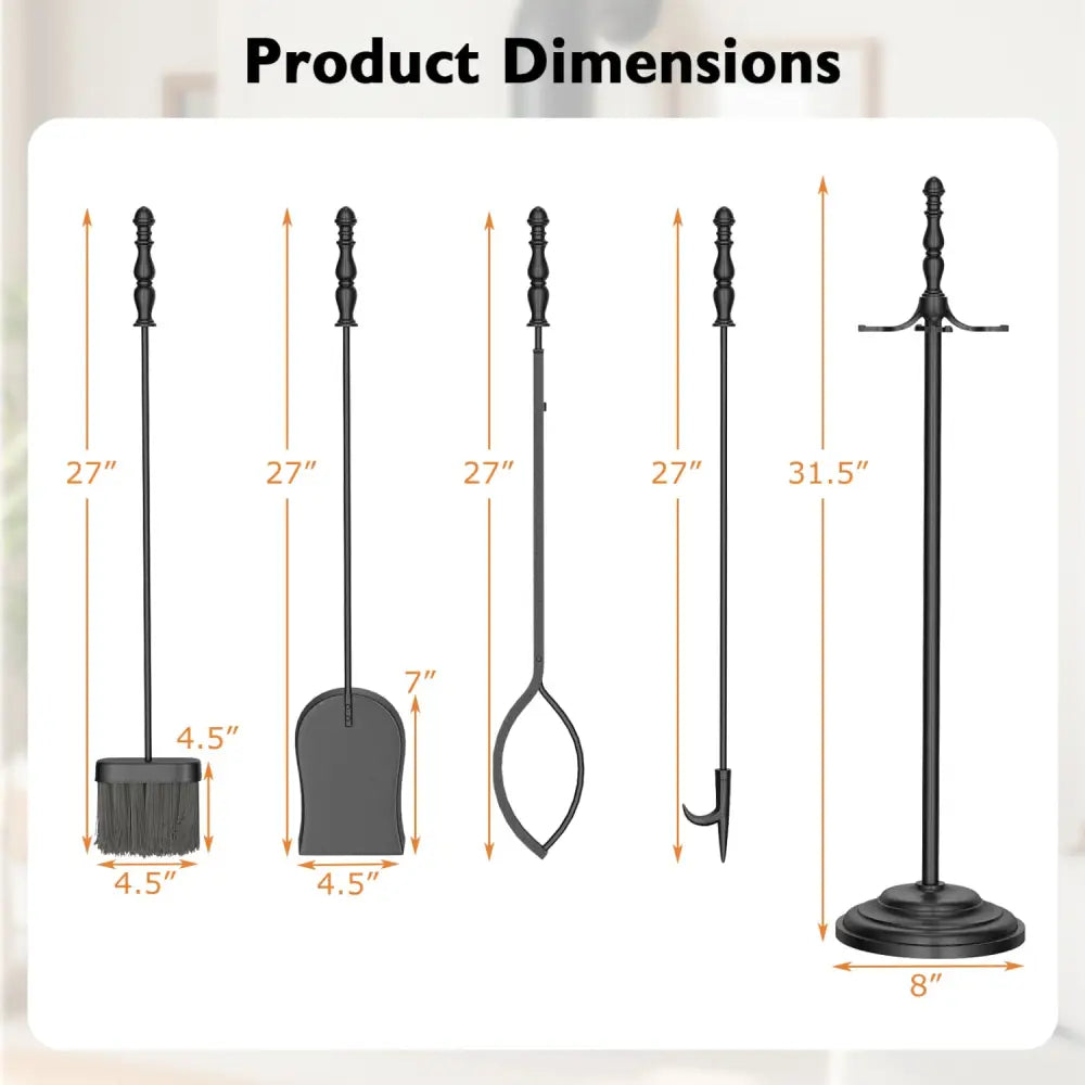 5-Pieces Fireplace Tool Set with Poker Tongs Brush Shovel and Round Stand - Fireplace Tools