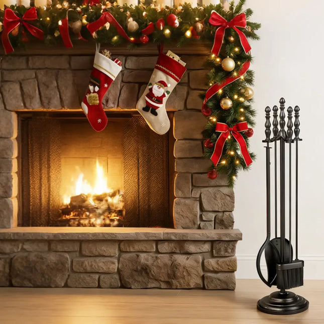 5-Pieces Fireplace Tool Set with Poker Tongs Brush Shovel and Round Stand - Fireplace Tools