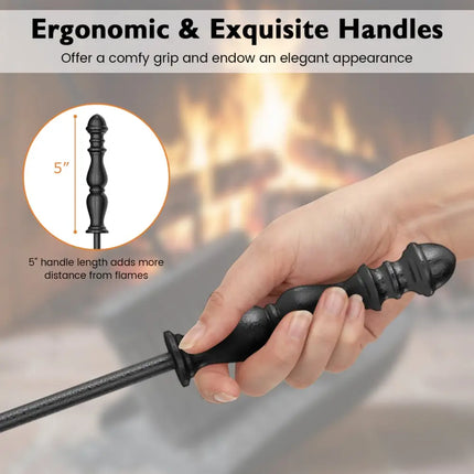 5-Pieces Fireplace Tool Set with Poker Tongs Brush Shovel and Round Stand - Fireplace Tools