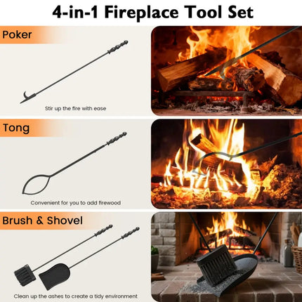5-Pieces Fireplace Tool Set with Poker Tongs Brush Shovel and Round Stand - Fireplace Tools