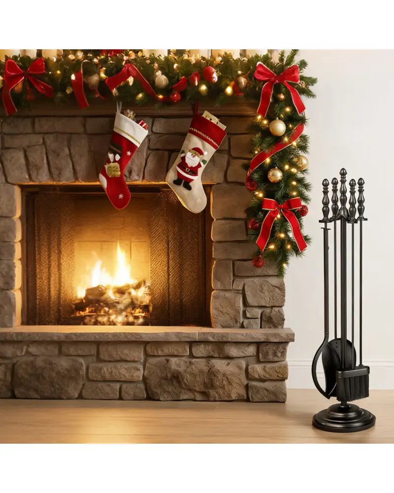5-Pieces Fireplace Tool Set with Poker Tongs Brush Shovel and Round Stand - Fireplace Tools