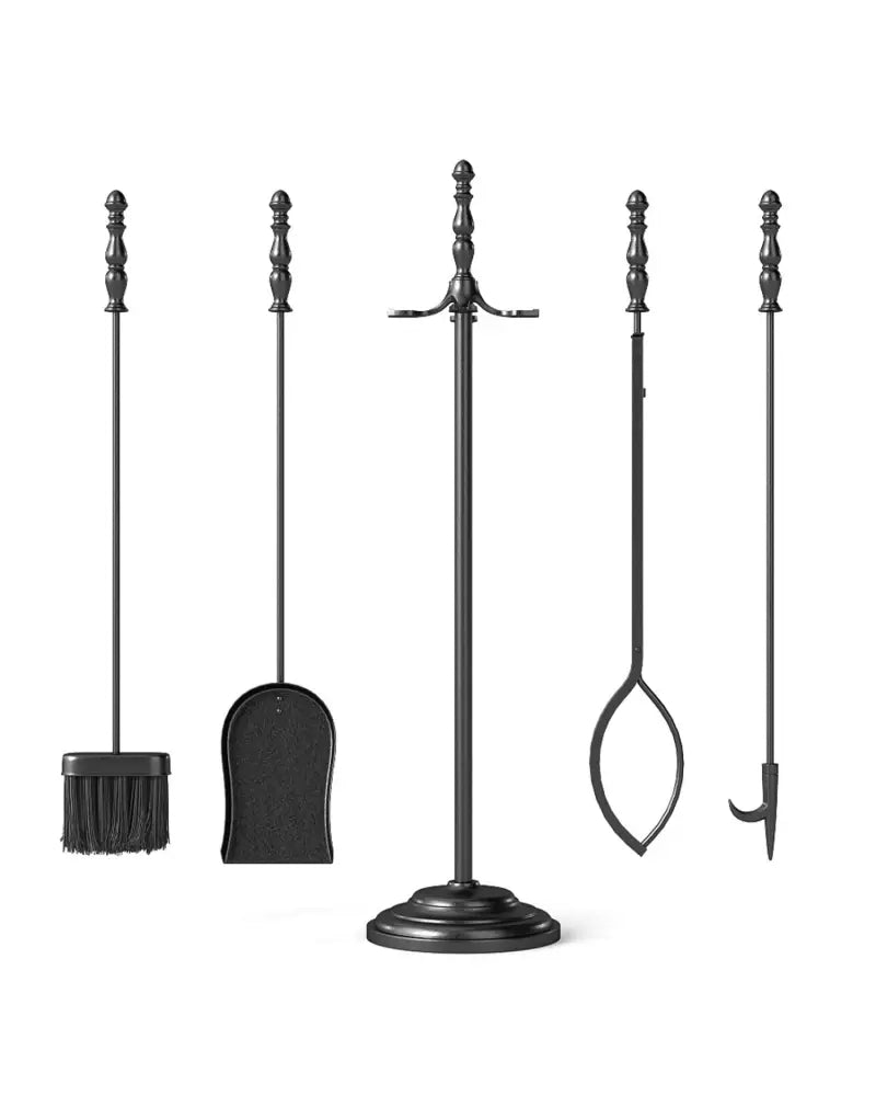 5-Pieces Fireplace Tool Set with Poker Tongs Brush Shovel and Round Stand - Fireplace Tools