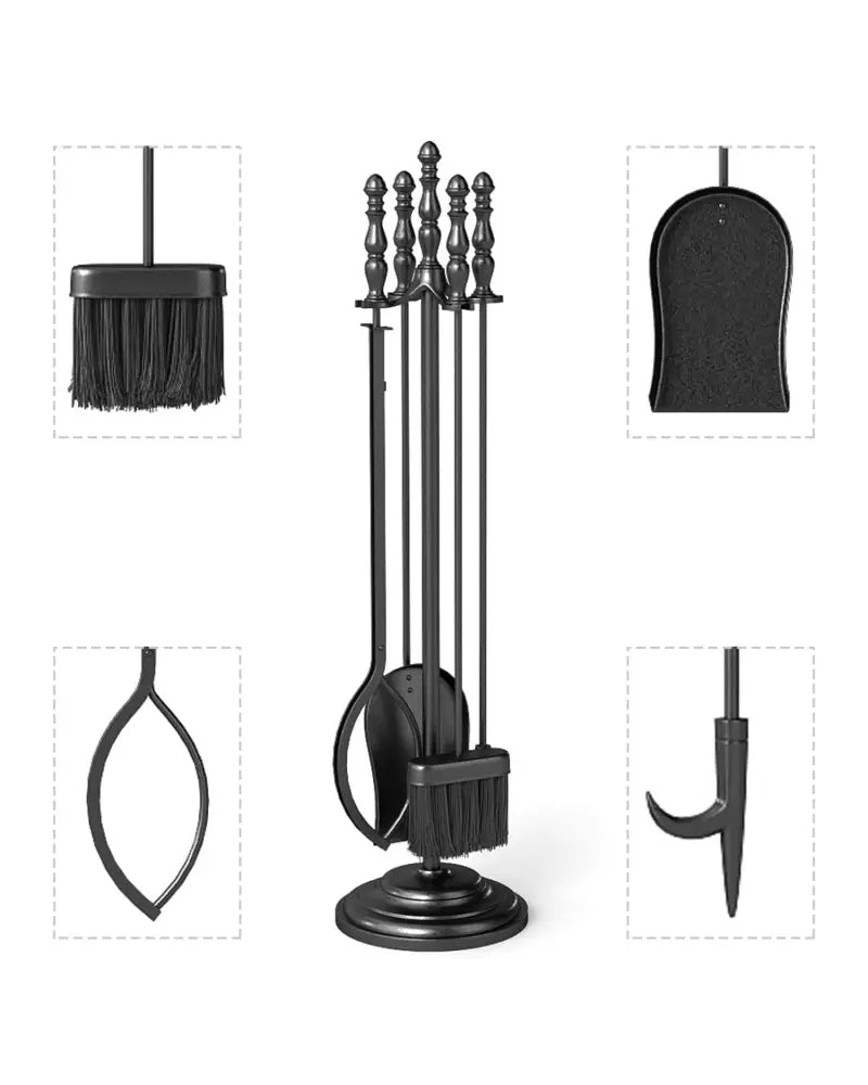 5-Pieces Fireplace Tool Set with Poker Tongs Brush Shovel and Round Stand - Fireplace Tools