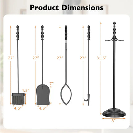 5-Pieces Fireplace Tool Set with Poker Tongs Brush Shovel and Round Stand - Fireplace Tools