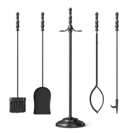 5-Pieces Fireplace Tool Set with Poker Tongs Brush Shovel and Round Stand - Fireplace Tools