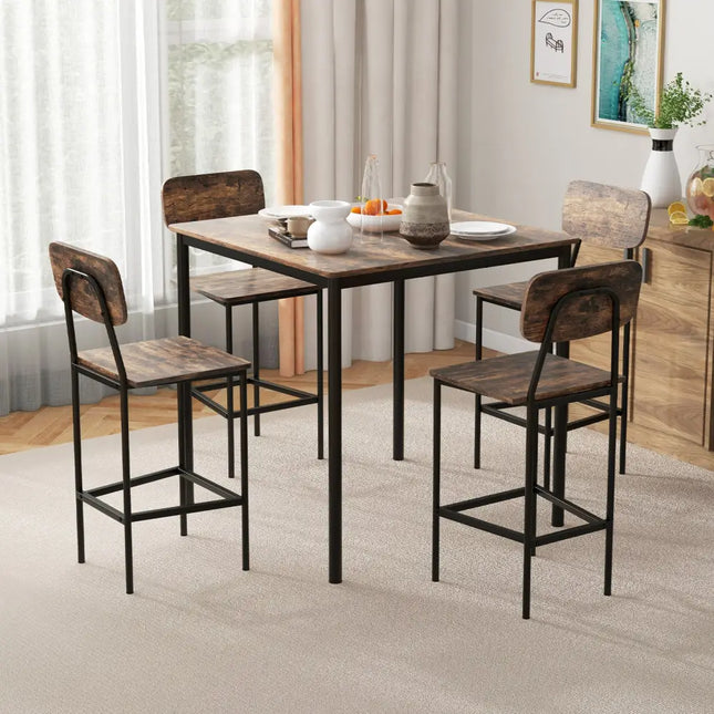 5 Pieces Industrial Dining Table Set with Counter Height Table and 4 Bar Stools-Coffee Costway
