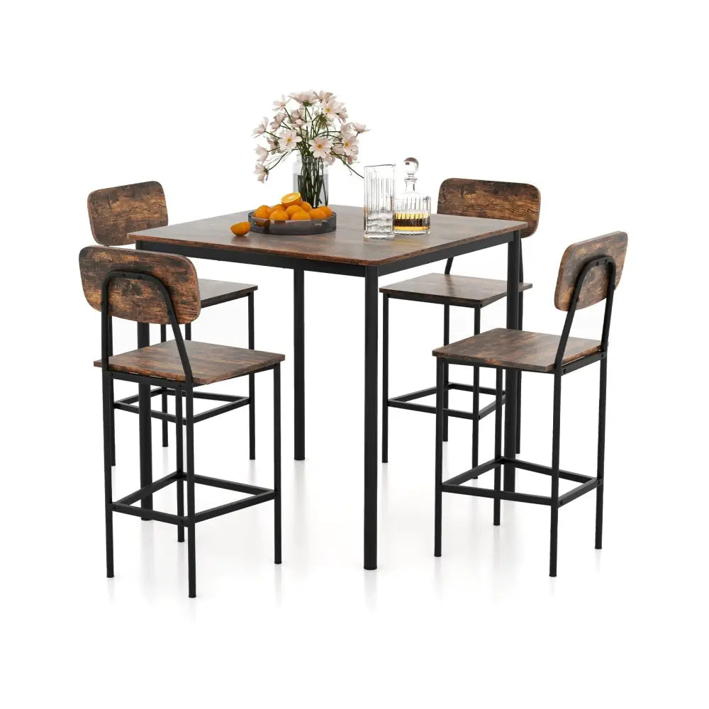 5 Pieces Industrial Dining Table Set with Counter Height Table and 4 Bar Stools-Coffee Costway