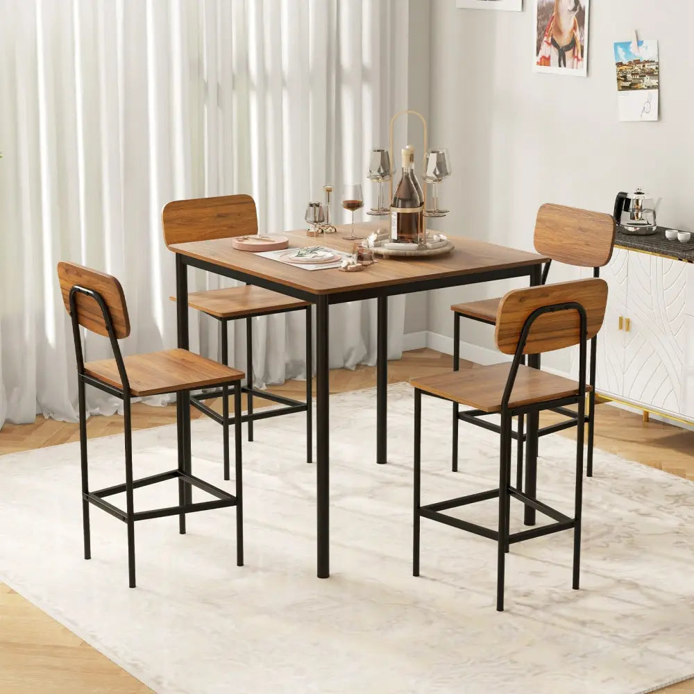 5 Pieces Industrial Dining Table Set with Counter Height Table and 4 Bar Stools-Walnut Costway