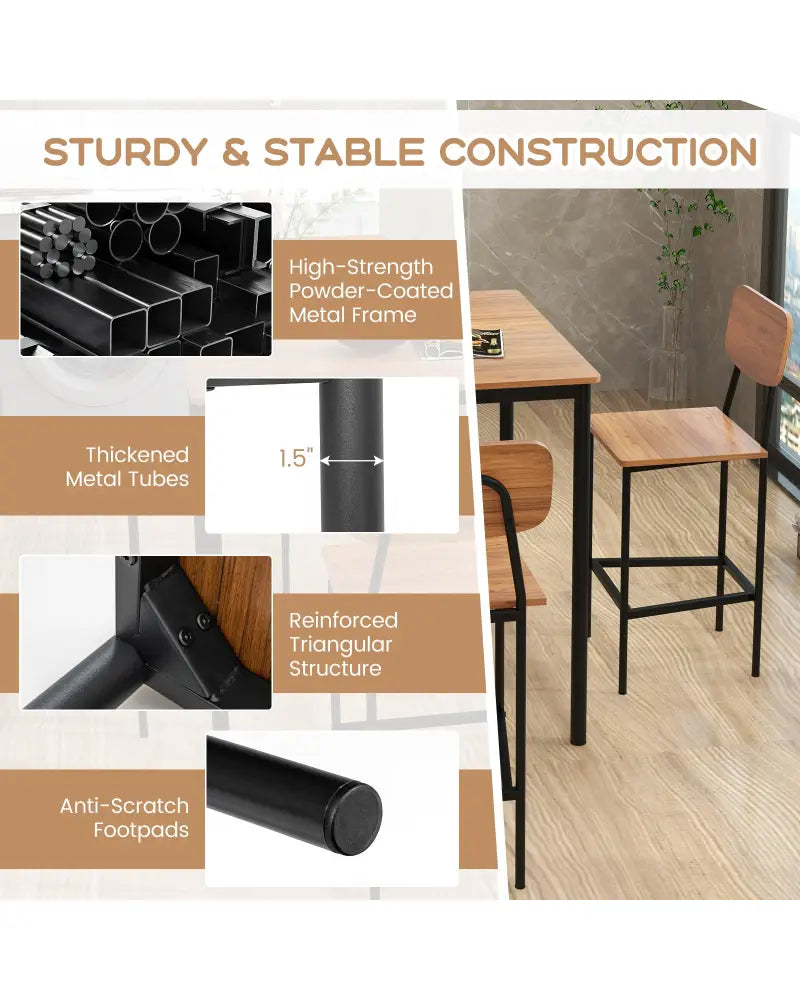 5 Pieces Industrial Dining Table Set with Counter Height Table and 4 Bar Stools-Walnut - Walnut - Dining Room Sets