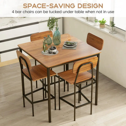 5 Pieces Industrial Dining Table Set with Counter Height Table and 4 Bar Stools-Walnut Costway
