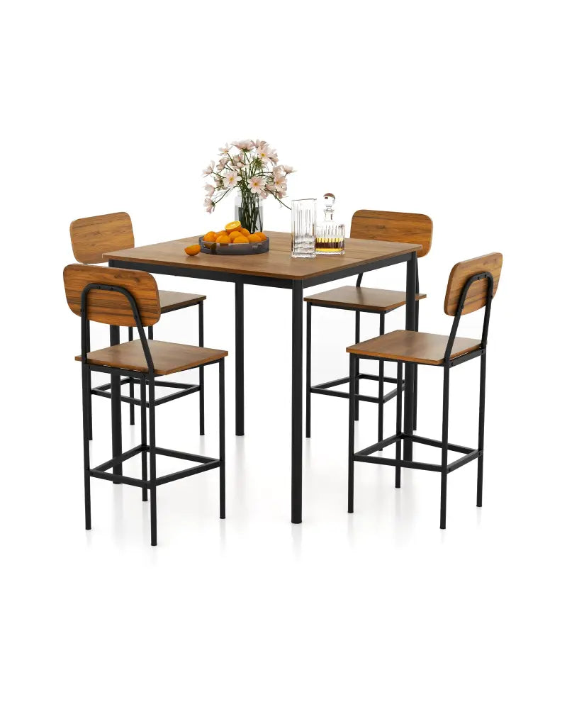 5 Pieces Industrial Dining Table Set with Counter Height Table and 4 Bar Stools-Walnut - Walnut - Dining Room Sets