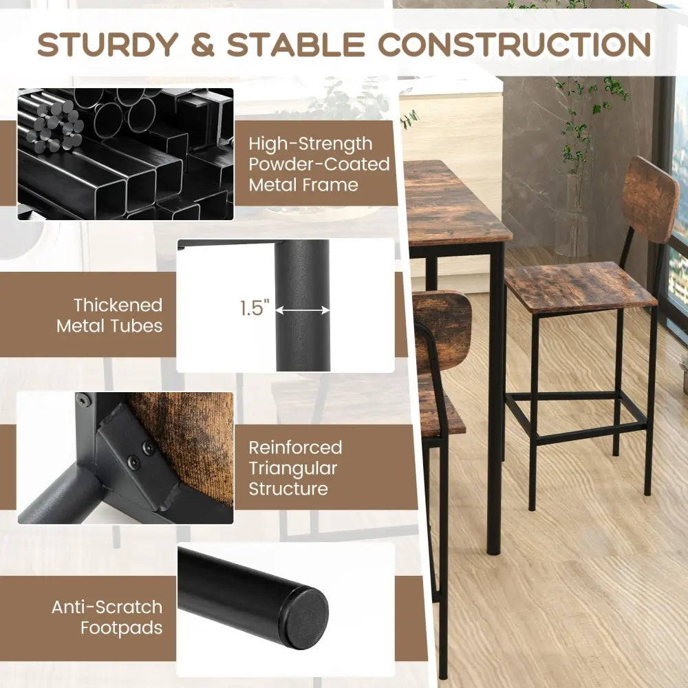 5 Pieces Industrial Dining Table Set with Counter Height Table and 4 Bar Stools-Coffee Costway