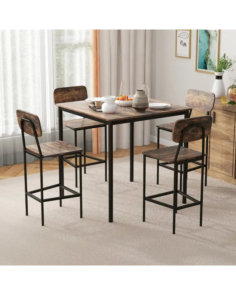 5 Pieces Industrial Dining Table Set with Counter Height Table and 4 Bar Stools-Coffee - Coffee - Dining Room Sets