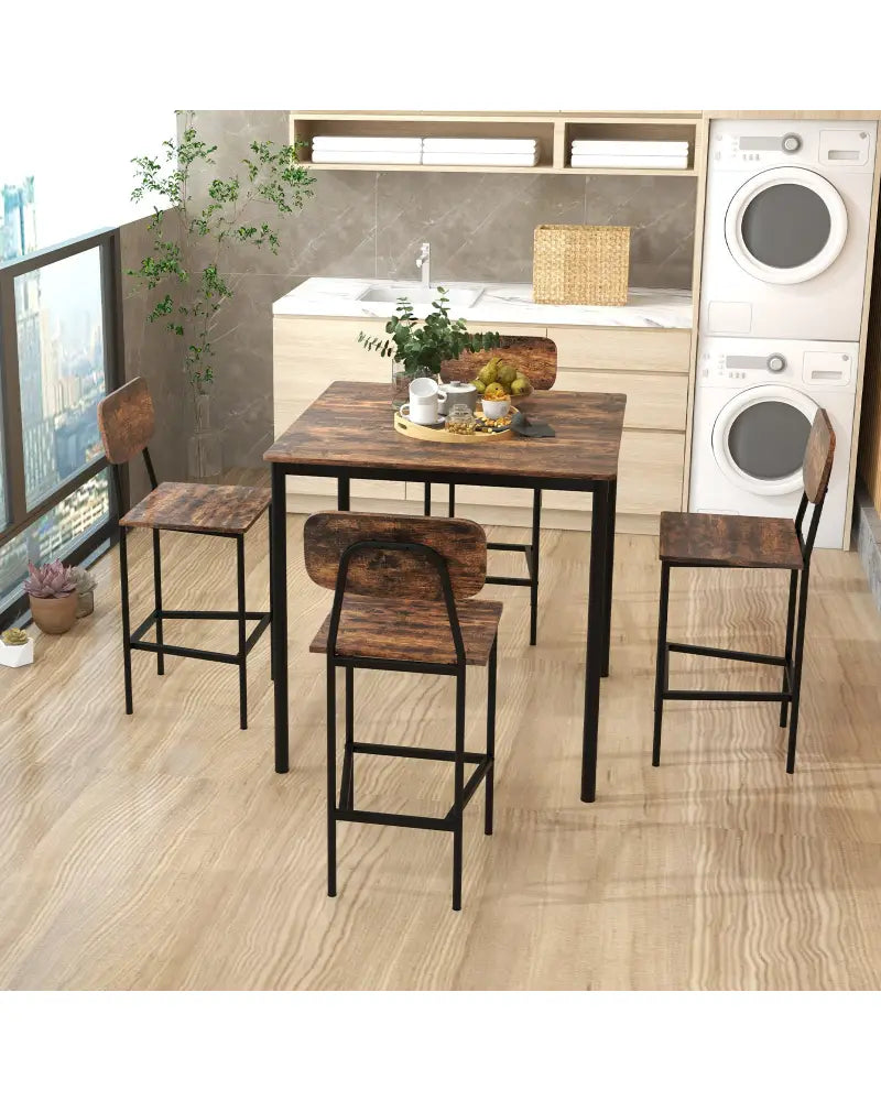 5 Pieces Industrial Dining Table Set with Counter Height Table and 4 Bar Stools-Coffee - Coffee - Dining Room Sets