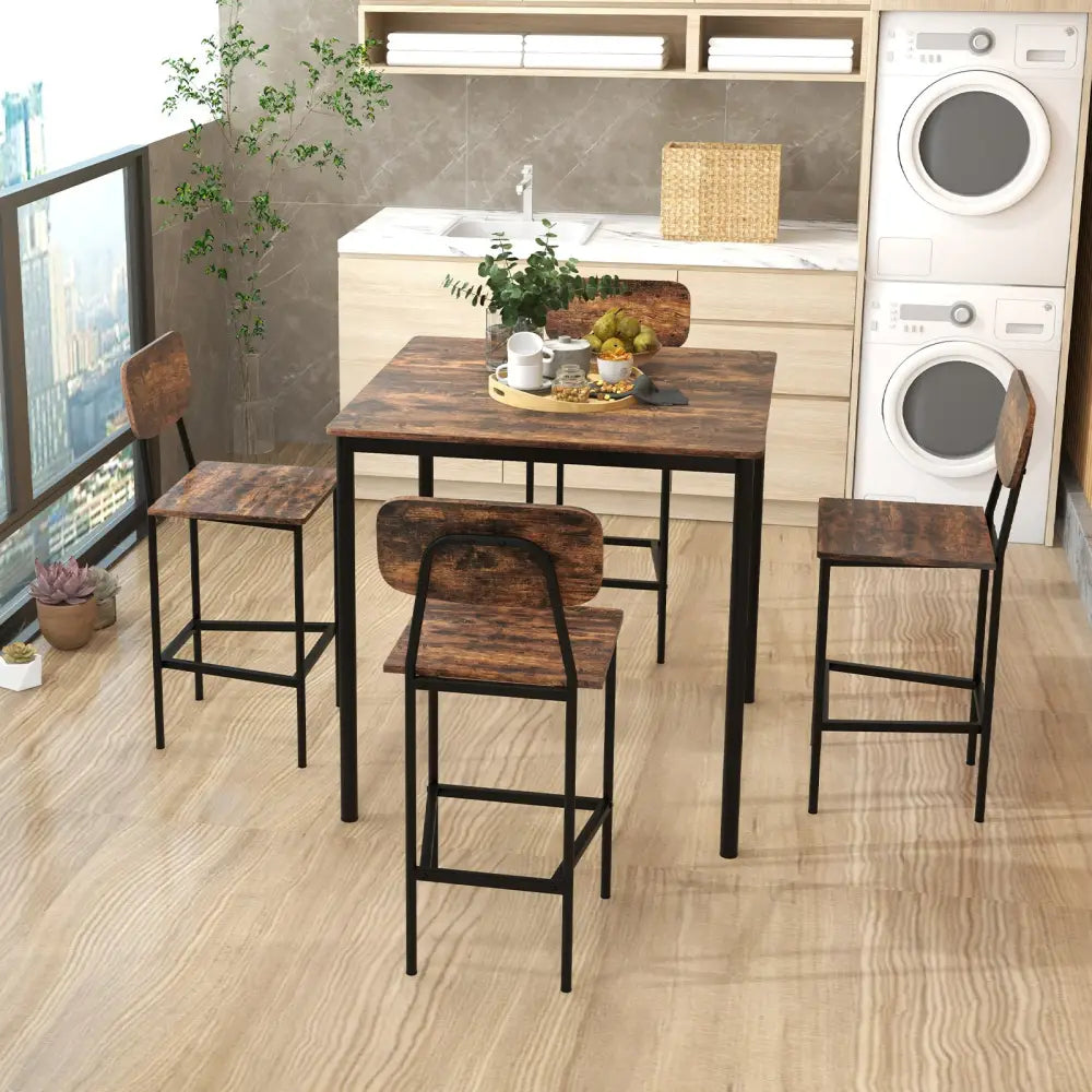 5 Pieces Industrial Dining Table Set with Counter Height Table and 4 Bar Stools-Coffee - Coffee - Dining Room Sets