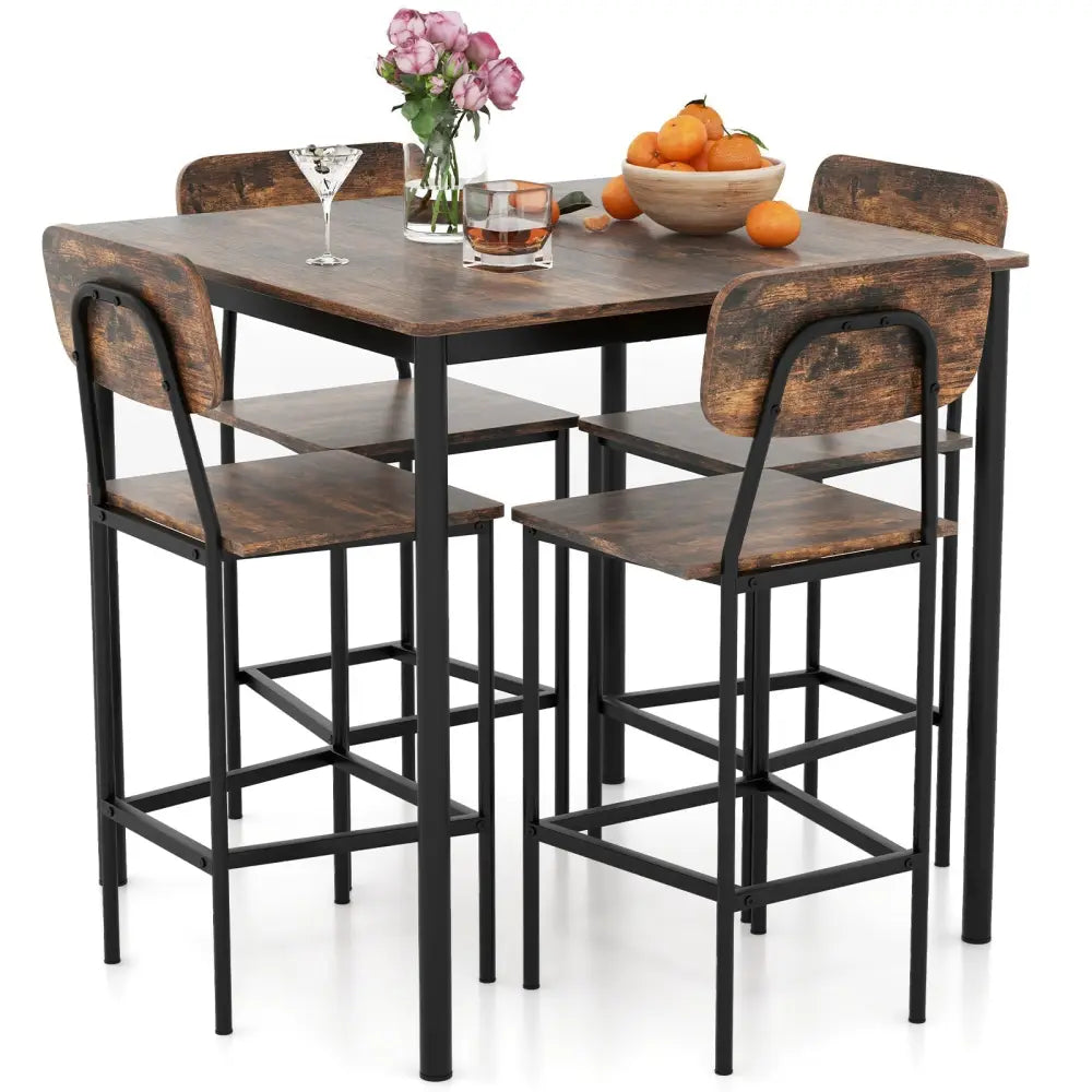 5 Pieces Industrial Dining Table Set with Counter Height Table and 4 Bar Stools-Coffee Costway