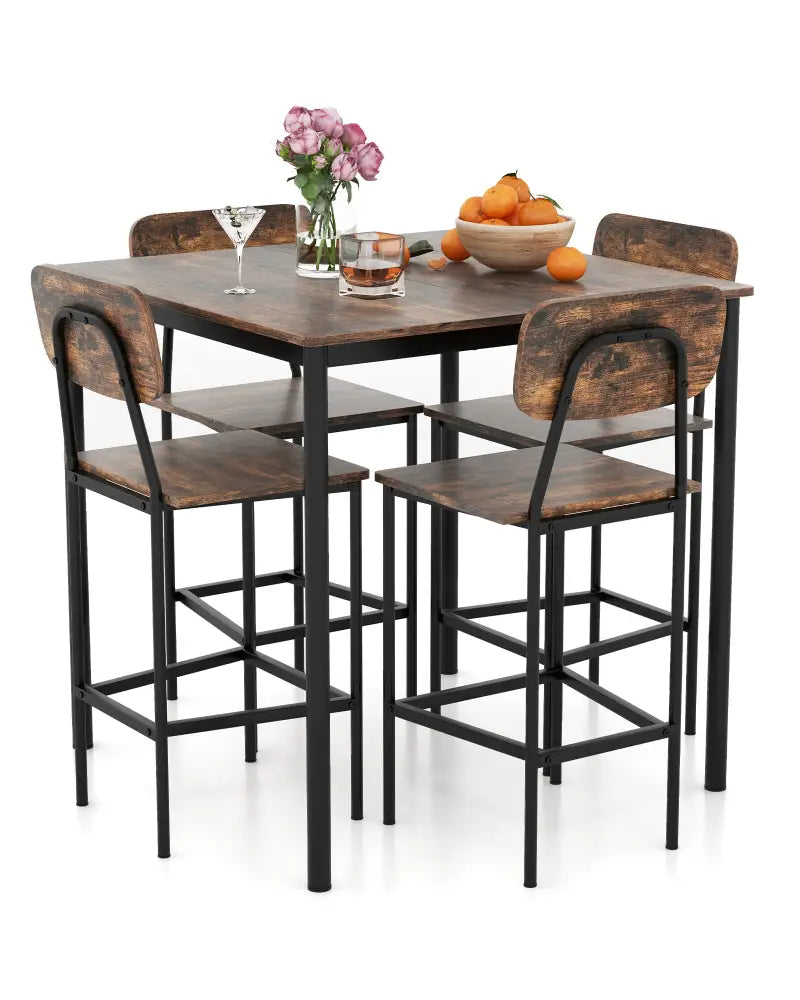 5 Pieces Industrial Dining Table Set with Counter Height Table and 4 Bar Stools-Coffee - Coffee - Dining Room Sets