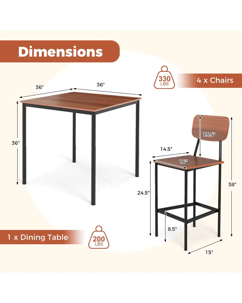 5 Pieces Industrial Dining Table Set with Counter Height Table and 4 Bar Stools-Walnut - Walnut - Dining Room Sets