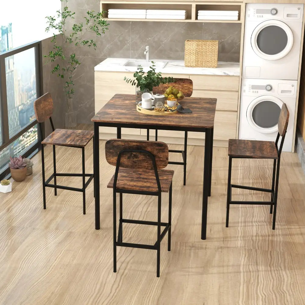 5 Pieces Industrial Dining Table Set with Counter Height Table and 4 Bar Stools-Coffee Costway