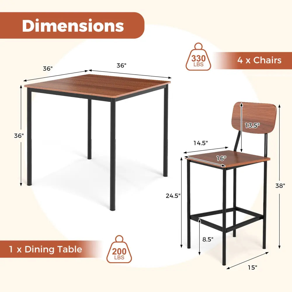 5 Pieces Industrial Dining Table Set with Counter Height Table and 4 Bar Stools-Walnut - Walnut - Dining Room Sets