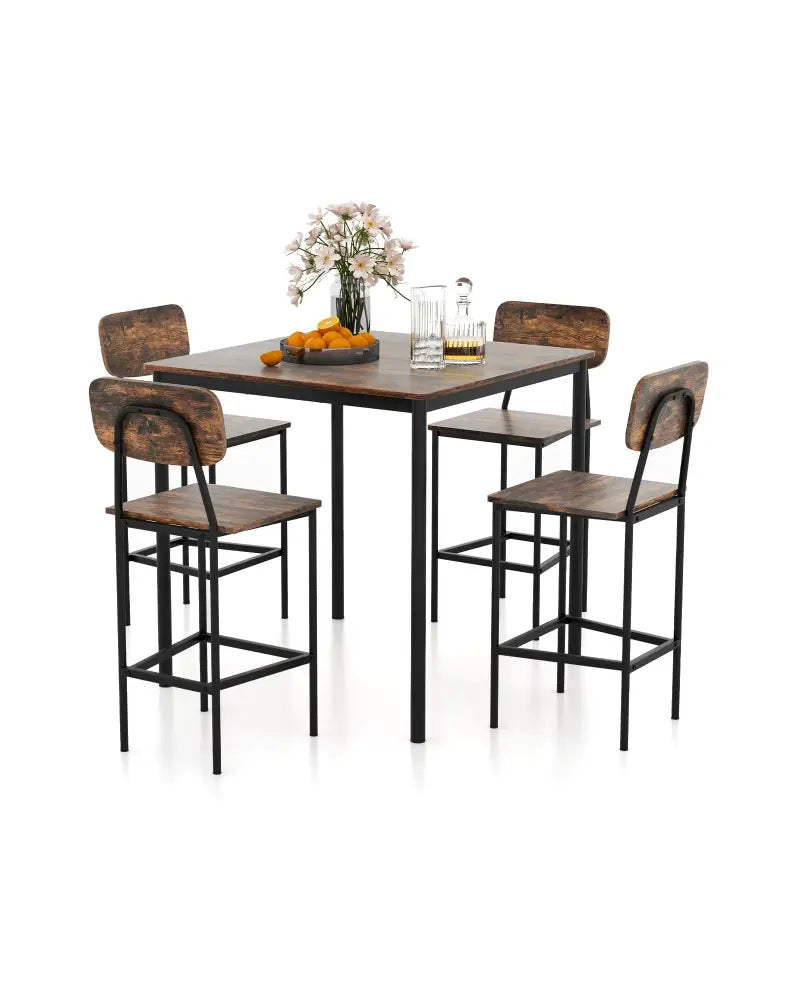 5 Pieces Industrial Dining Table Set with Counter Height Table and 4 Bar Stools-Coffee - Coffee - Dining Room Sets