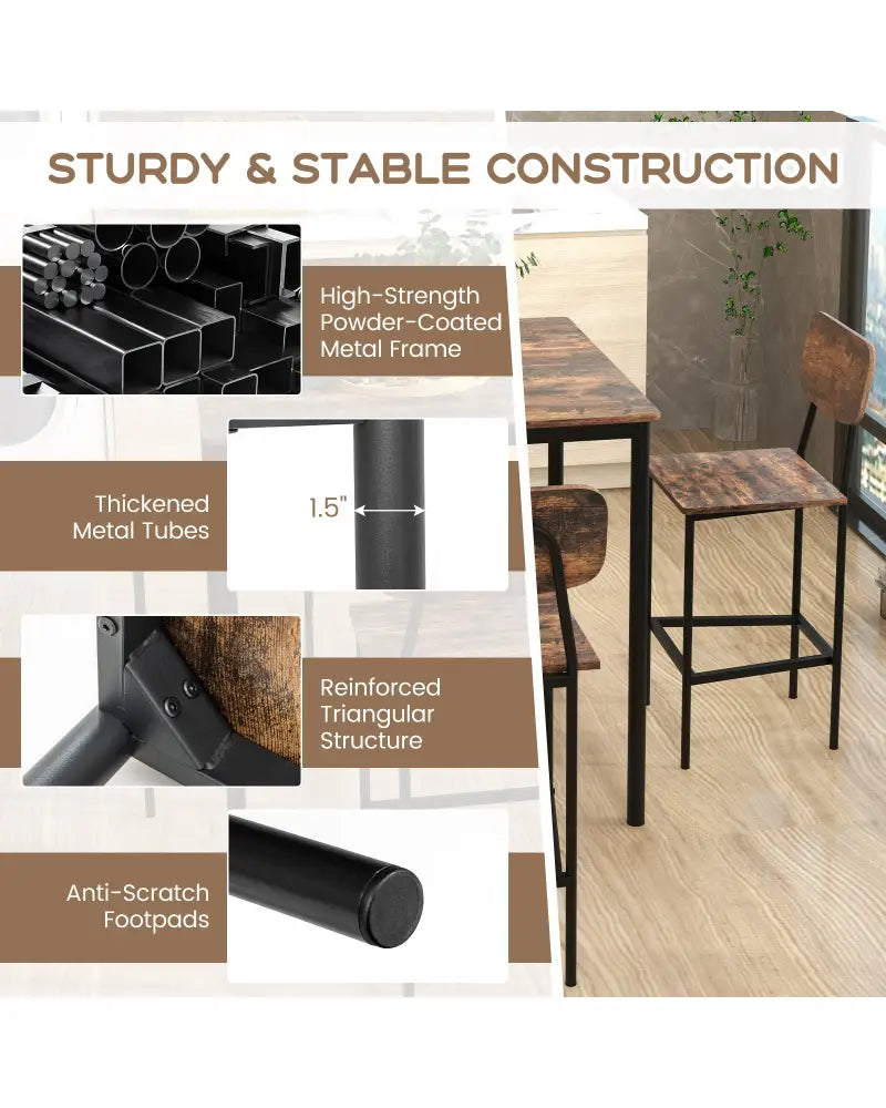 5 Pieces Industrial Dining Table Set with Counter Height Table and 4 Bar Stools-Coffee - Coffee - Dining Room Sets